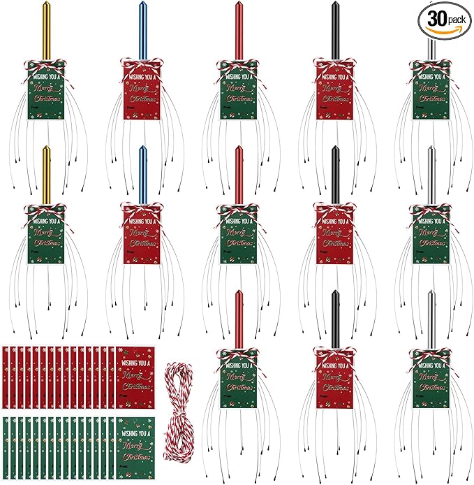 Soaoo 30 Pcs Christmas Head Massager Scalp Massager Bulk with Inspirational Christmas Cards Handheld Steel Wire Head Scratcher for Body Office Home Spa Stress Relief Relaxation Women Men Gift(Classic)