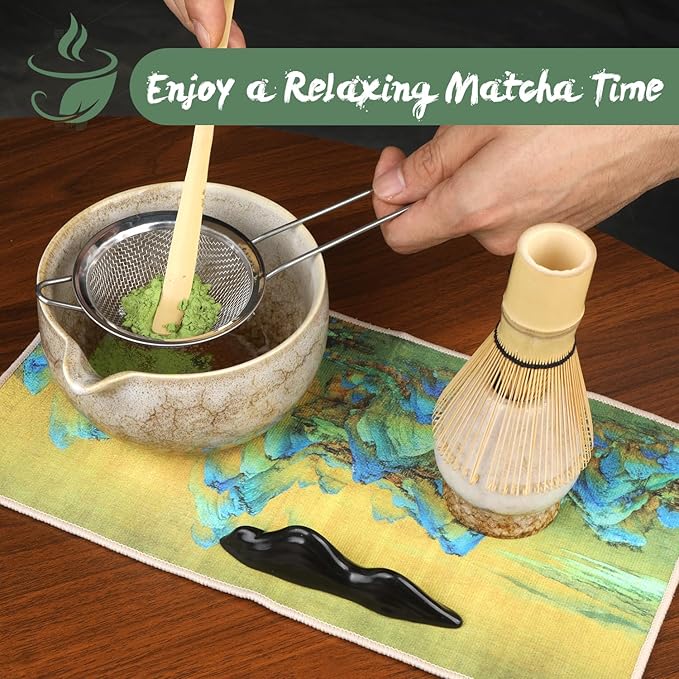 Matcha Whisk Set, 7Pcs Matcha Set Kit include Matcha Bowl, Matcha Whisk and Holder, Bamboo Scoop, Scoop Rest, Sifter and Tea Towel, Matcha Whisk and Bowl Set for Matcha Lovers and Beginers