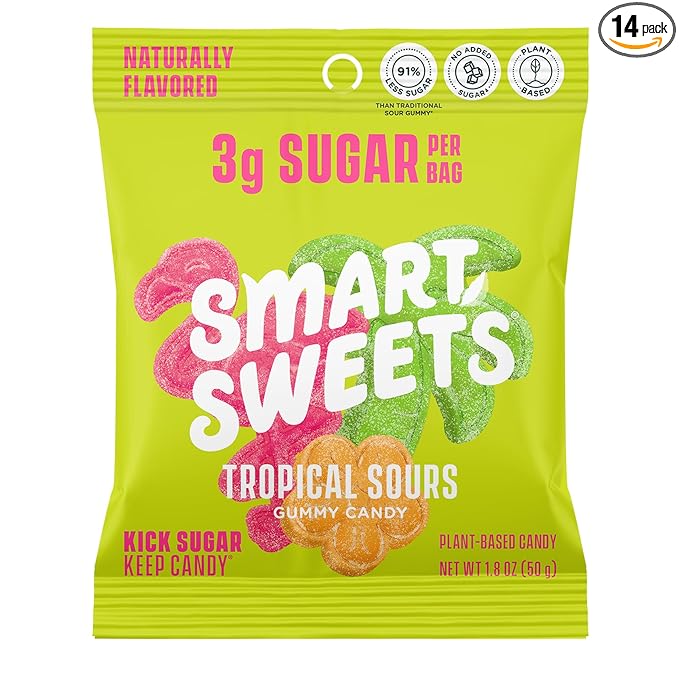 SmartSweets Tropical Sours Gummy Candy: 1.8oz (Pack of 14), Gummy Candy with Low Sugar, Low Calorie, No Artificial Sweeteners, Plant-Based, Gluten-Free, Healthy Snack for Kids & Adults