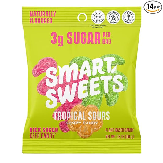 SmartSweets Tropical Sours Gummy Candy: 1.8oz (Pack of 14), Gummy Candy with Low Sugar, Low Calorie, No Artificial Sweeteners, Plant-Based, Gluten-Free, Healthy Snack for Kids & Adults
