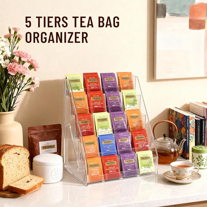 Tea Bag Organizer 5 Tier Tea Storage, Acrylic Tea Storage Chests for Kitchen, Office, Countertop, Cabinet Pantry, Tea Bag, Coffee, Sugar Packets, Creamers Holder