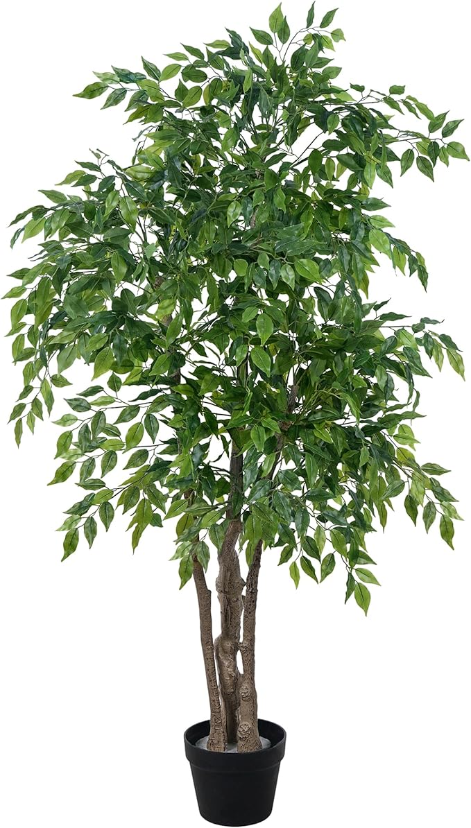 Ficus Tree Artificial with Triple Trunks, 5.5ft Fake Ficus Tree in Black Pot, Tall Artificial Tree Potted Plant for Indoor Outdoor Home Office Living Room Patio Bedroom Decor