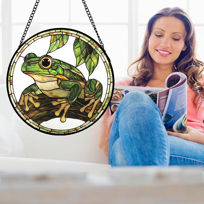 Stained Glass Window Hanging, Frog Green Leaf Sun Catchers Colorful Glass Panel Cool Suncatcher Decor for Birthday for Women, Men, Wife, Aunt, and Mom 14.9x14.9 in