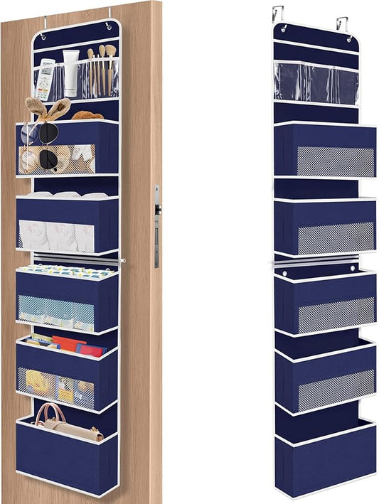 6-Tier Over The Door Organizer Hanging Storage Organizers with Clear Window 40lb Large Capacity Room Organizer for Pantry Bathroom Nursery Closet(Blue)
