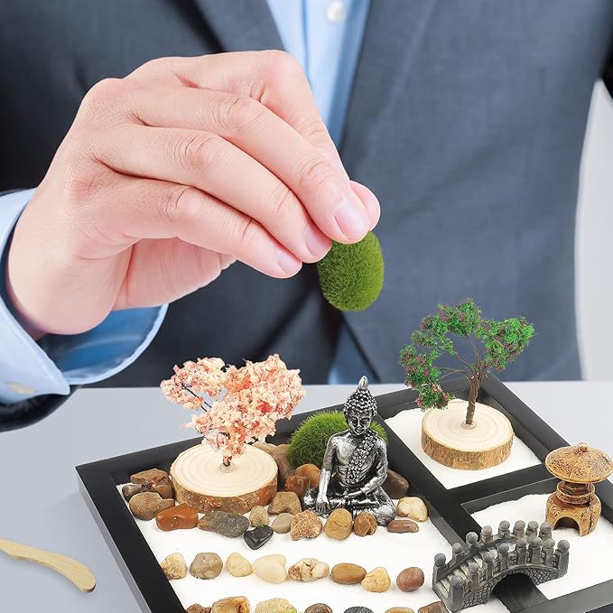 Sakura Budah Desktop Mini Zen Garden - 9" x 7" with White Sand, Artificial Bonsai Tree, Rocks, Rakes & Accessories - Meditation Gift for Office Decor