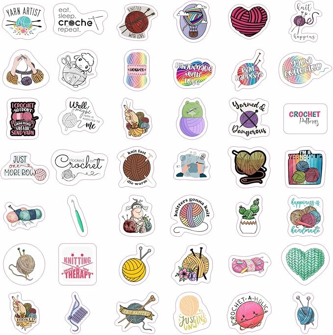BulbaCraft 100Pcs Crochet Stickers and Knitting Stickers for Water Bottle and Laptop - Waterproof Vinyl Yarn Decals Laptop Decals, Gifts for Women & Men