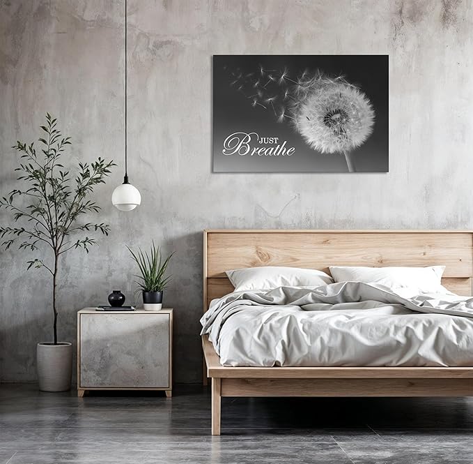 SKASNFAI Just Breathe Wall Art Zen Office Wall Decor Inspirational Yoga Quotes Positive Relax Artwork Picture Black and White Dandelion Posters Print for Meditation Room (24L x 36W)