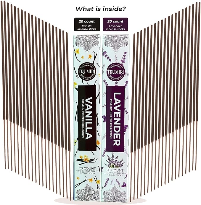 Trumiri Incense Sticks - Combo Pack of 40 Insence-Sticks - 20 Vanilla + 20 Lavender - Insenses - Insents - Incents - Inscense - Incence - Incienso - All Natural Incense Sticks