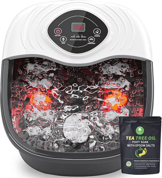 Foot Spa,Foot Bath Massager with Tea Tree Oil Foot Soak with Epsom Salt - with Heat, Bubbles and Vibration,Red Light,Medicine Box Digital Temperature Control 8 Acupressure Massage Points