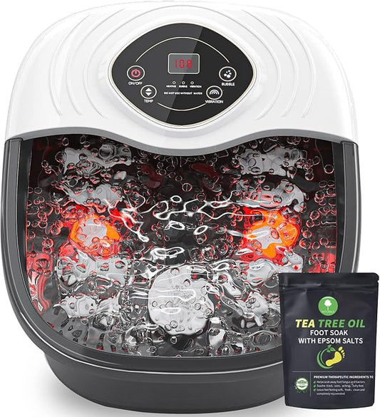 Foot Spa,Foot Bath Massager with Tea Tree Oil Foot Soak with Epsom Salt - with Heat, Bubbles and Vibration,Red Light,Medicine Box Digital Temperature Control 8 Acupressure Massage Points