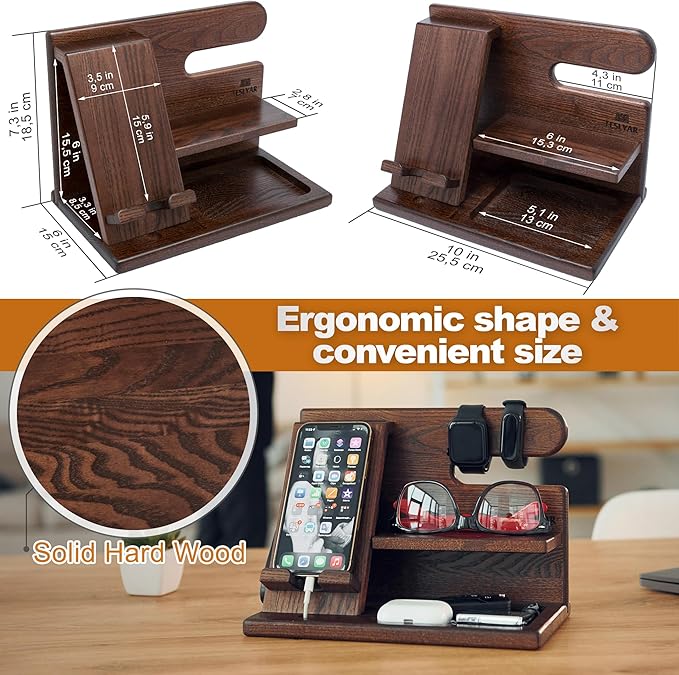 TESLYAR Wood Phone Docking Station for Men - Desktop or Nightstand Organizer - Birthday Gifts for Men, Dad - Anniversary Idea from Wife - Key Holder, Stand Wallet, Watch & Essentials (Bourbon Brown)