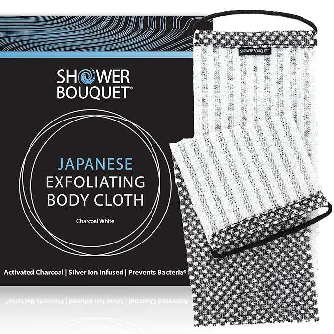 Japanese Exfoliating Washcloth for Back & Body - Charcoal & Silver Ion Exfoliating Towel with Handles - Two-Sided Gentle Exfoliation & Deep Cleansing Soft Body Wash Cloths for Shower - White