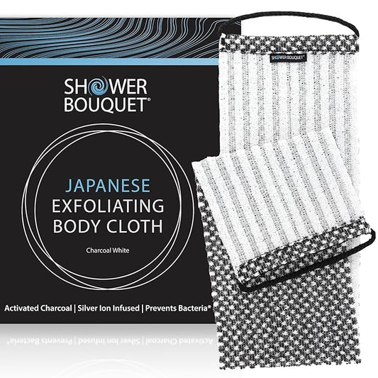 Japanese Exfoliating Washcloth for Back & Body - Charcoal & Silver Ion Exfoliating Towel with Handles - Two-Sided Gentle Exfoliation & Deep Cleansing Soft Body Wash Cloths for Shower - White