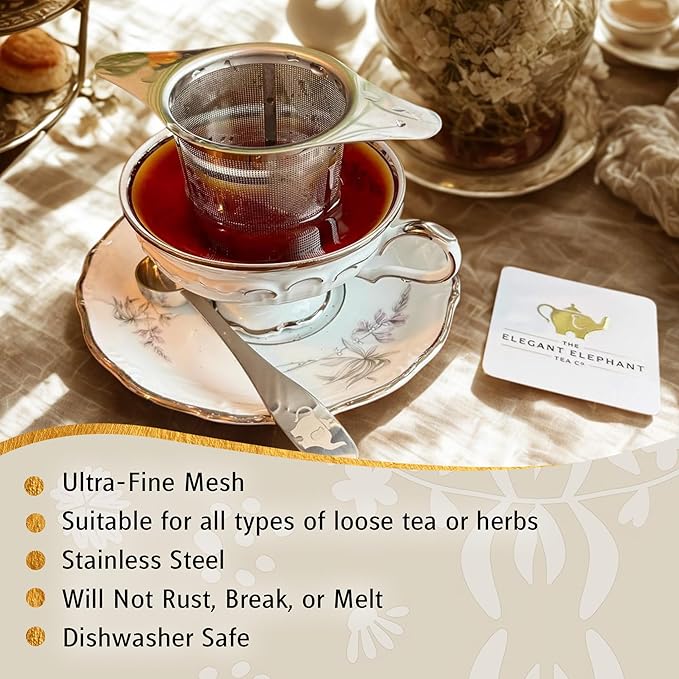 Fine Mesh Loose Tea Infuser −18/8 Stainless Steel, Large Capacity, Wide Double Handles−Fits Cups, Mugs, Small Teapots−Loose Leaf Tea Brew Basket, Steeper & Strainer −The Elegant Elephant