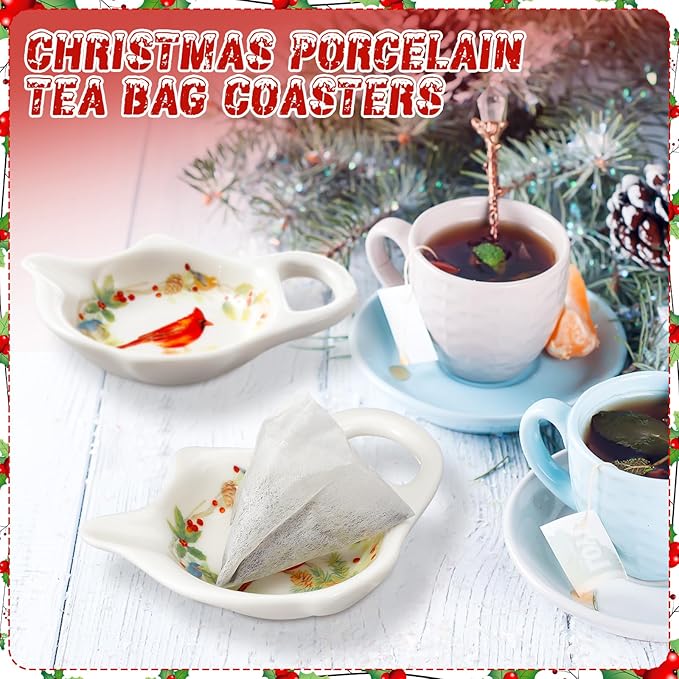 Set of 6 Christmas Winter Birds Tea Bag Holders Porcelain Ceramic Teapot Shaped Coasters Tea Bag Plate Spoon Rests Pad Saucer Seasoning Dish Set for Party Decoration Gifts, 3.7x2.75''