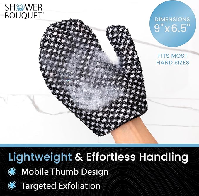 Japanese Exfoliating Mitt 2-Pack - Charcoal & Silver Ion Exfoliating Gloves for Shower - Soft Inner Fabric Gentle Exfoliation & Deep Cleansing Body Scrub Gloves for All Skin Types - 2 White