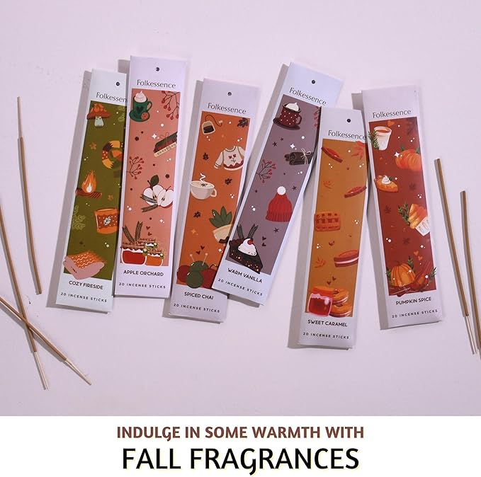 Folkulture Incense Sticks | Set of 6 (120 Fall Incense Sticks) | Non Toxic Fall Scents with 45 Min Burn Time | Pumpkin Spice, Apple Orchard, Caramel, Vanilla | Organic Inscent for Fall Essentials