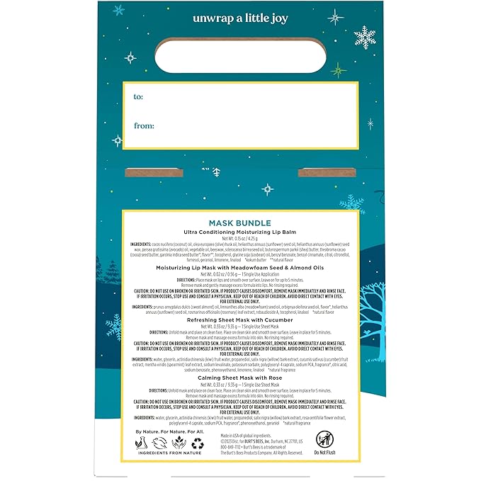 Burt’s Bees Mask Bundle Gift Set; , Ultra Conditioning Lip Balm and Moisturizing Lip, Refreshing Sheet and Calming Sheet Masks; Festive Packaging; 1 Gift Set (Pack of 6)