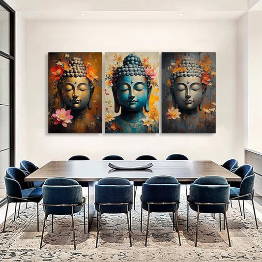 Findbeauty Buddha Canvas Wall Art, Floral Buddha Canvas Print, Zen Meditation Wall Decor, 3 Pcs Buddhist Pictures, Inspirational Wall Decor, Spiritual Wall Art for Living Room (16" x 24" x 3 pcs)