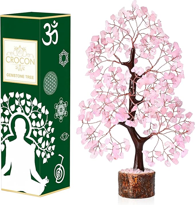 Rose Quartz Crystal Tree of Life Pink Room Decor & Healing Crystals Cute Desk Accessories Spiritual Birtdhay Gifts for Women House Warming Gifts New Home Decor for Mom Sister & Girlfriend
