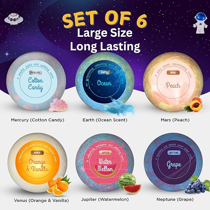 EvolutionUSA Space Bath Bombs for Boys & Girls, 6 Planet Bath Balls with Toy Hidden Inside, Organic Hypoallerganic Childrens Bathbombs, Cosmic Fun Space Surprise, Gift Set Birthday, Christmas, Easter