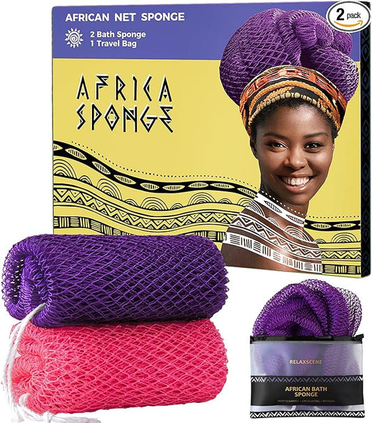 African Net Sponge Authentic - 2 Pieces Loofah Exfoliating Body Scrubber Bath Sponge - Back Scrubber Washcloth for Shower - Real African Scrub Exfoliator Body Care Bathing Accessories for Women