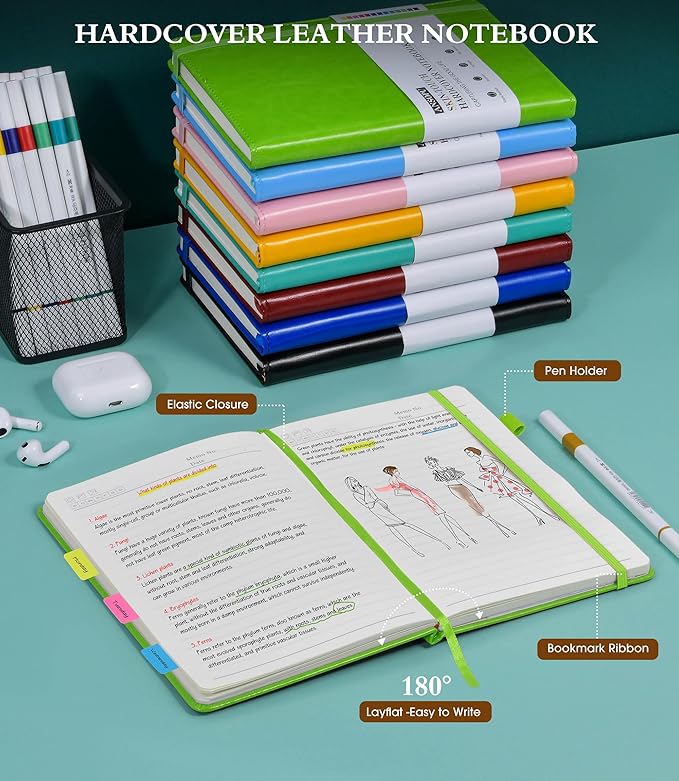 Lined Journal Notebook for Writing, A5 100 GSM Thick Paper, Leather Hardcover Journal for Woman Men, Travel Journal Diary 160 Pages(5.75'' X 8.38'' Lightgreen)