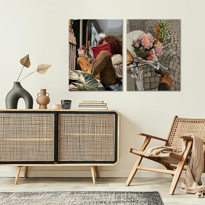 Modern African American Women Wall Art Set of 2,Cozy Reading & Bike Ride with Flowers Painting Canvas Prints,black woman Vintage Aesthetic Poster for Living Room, Bedroom, Office， Framed 16X24in