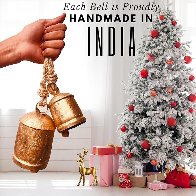 Rustic Decorative Bells Set of 2 - Giant Harmony Cow Bells Huge | Handmade Vintage Christmas Bells Golden Cowbell Country Style Jute Rope Hanging Bell Wall Decor (2X Harmony Bells 4"-6")