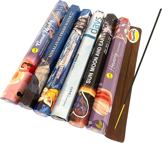 Sreevani Incense Sticks Variety Pack #17 and Incense Stick Holder Bundle Gift Set with 6 Meditation Fragrances
