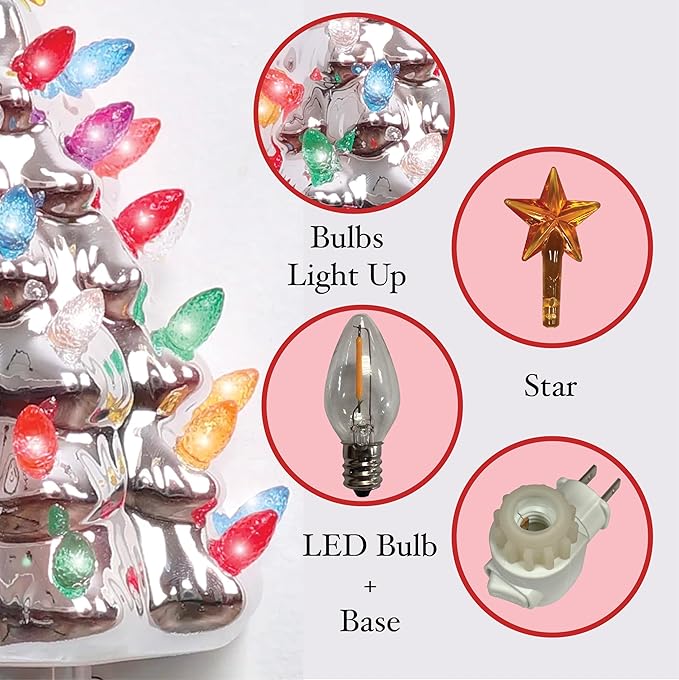 Milltown Merchants Ceramic Christmas Tree Night Light - Plugin with Lights Lighted Vintage Mini Decorative (Silver Tree) 5 Inch