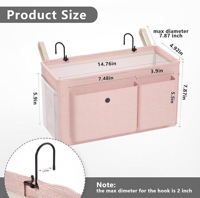 Bedside Caddy Bedside Organizer with Fixed Straps & Water Bottle Holder, Bunk Bed Caddy ideal for Home, Dorm, Hospital, Crib, Versatile Bedside Storage Solution (Pink 2pcs)