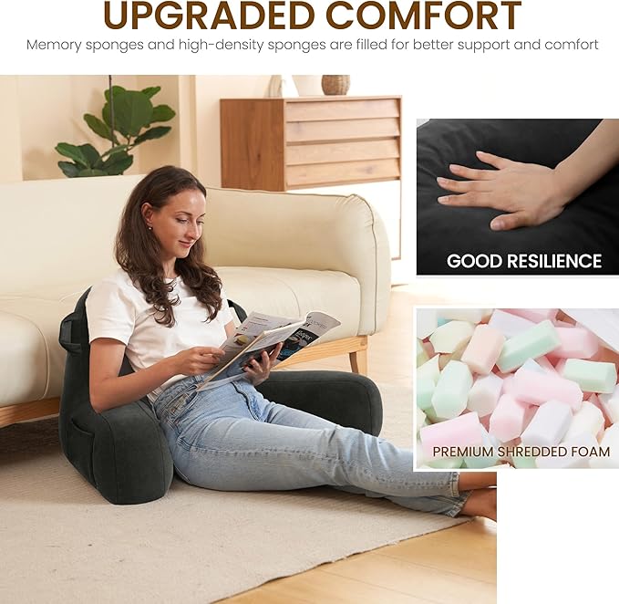 Portable Comfy Reading Pillows for Bed Sitting Up(Grey Oeko-Tex), Velvet Back Pillow with Arms & Pockets for Adults, Support Memory Foam Bed Pillow for Dorm/Reading/Watching/Gaming