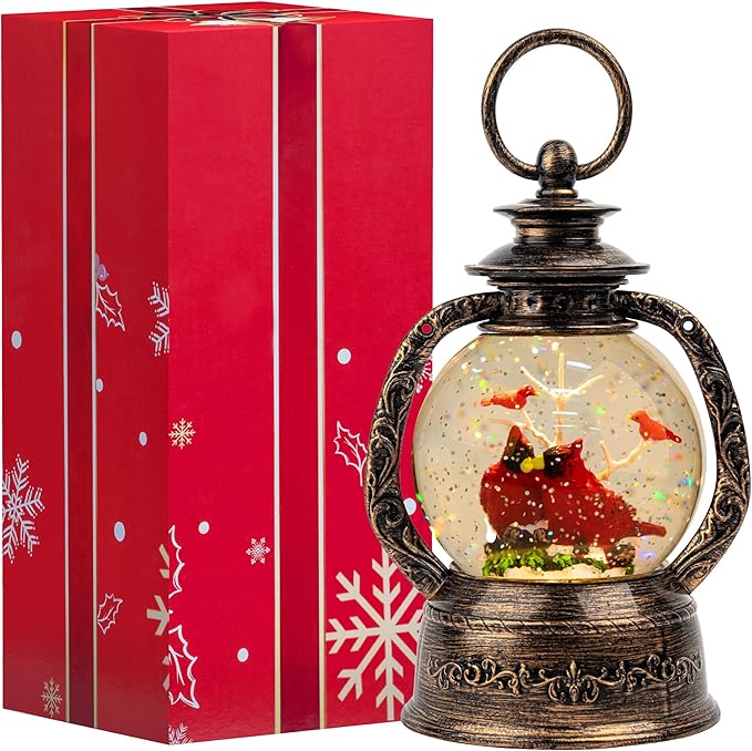 Musical Snow Globe Lantern Lighted 2 Cardinal Christmas Snow Water Lantern Swirling Glittering Home Decoration and Gift, Battery Operated or USB Powered