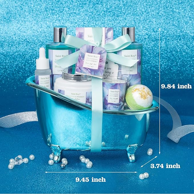 Bath and Body Basket Set Luxury EUCALYPTUS & Mint Spa Gift Basket for Women, Unique Bath Gift Baskets Gifts, Home Spa Kit Christmas Gifts for Women, birthday gift baskets for Dad Mother's Day