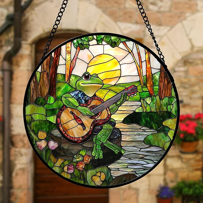 Stained Glass Window Hanging, Frog Playing Guitar Suncatcher Diamond Glass Panel Funny Sun Catchers Decor for Birthday for Women, Men, Wife, Aunt, and Mom 9.8 in