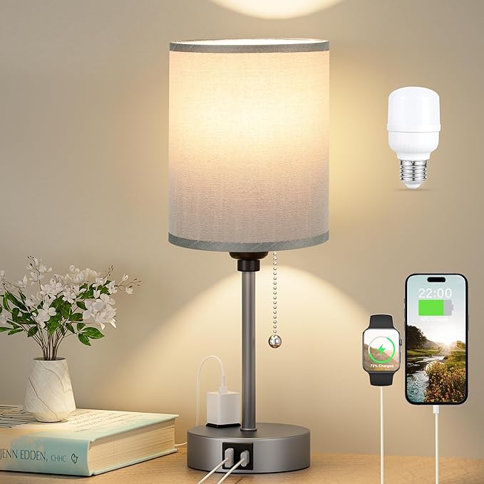 Small Bedside Table lamp for Bedroom - 3 Color Temperatures Bedside Lamps with USB Ports for Housewarming, Pull Chain Table Lamps with AC Outlet, Nightstand Lamps for Kids Reading