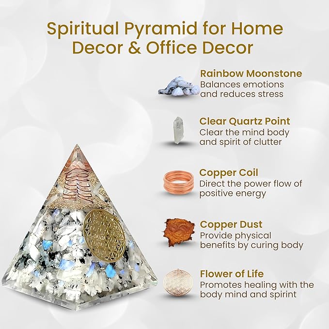 Rainbow Moonstone Orgone Pyramid – Handcrafted Healing Crystal for Positivity, Strength, Meditation, Yoga, Reiki & Chakra Balancing