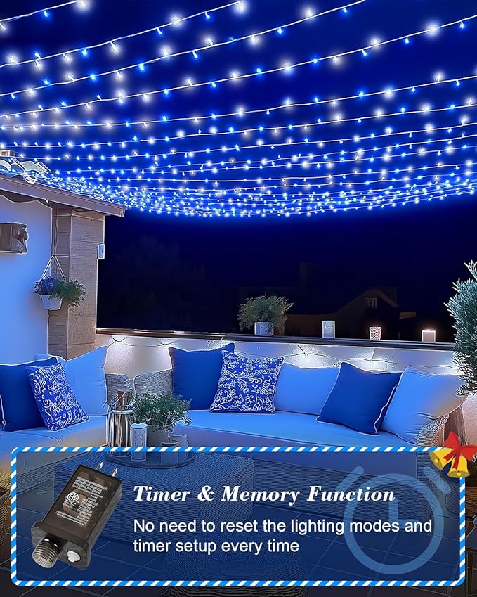 355FT 900 LED Blue and White Christmas Lights, Extra Long Outdoor String Lights Waterproof, Timer & Memory, 8 Modes Dimmable Plug in Fairy Lights for Outside Tree Wedding Patry Holiday Decorations