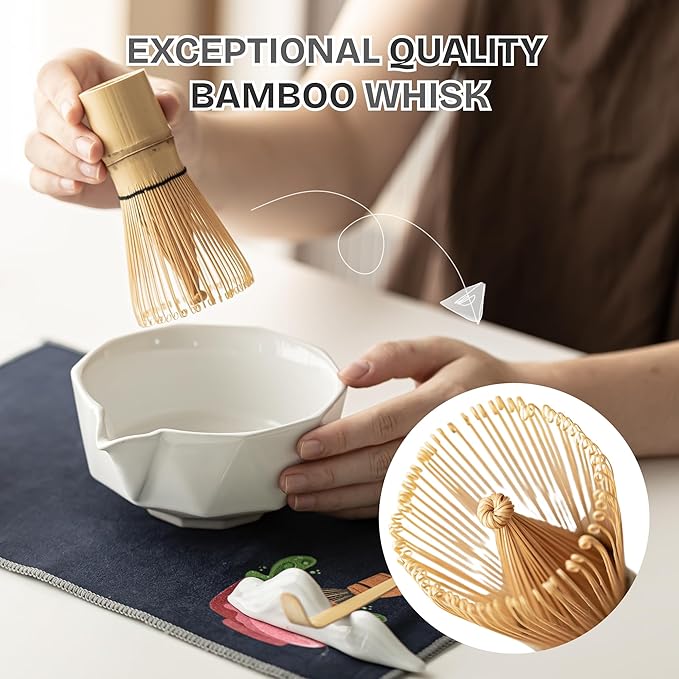 TEPEAK Matcha Whisk Set, 7 Pcs Matcha Set white, Matcha Kit for Ceremony, Matcha Tea Set for Making Breakfast/Latte, Ceramic Matcha Bowl (Chawan) with Spout and Bamboo Whisk, Gift for Friend/Family