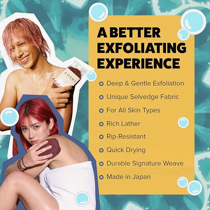 GOSHI Exfoliating Shower Sponge - Rip-Resistant, Rapid-Drying Exfoliating Bath Sponge for All Skin Types - Brick Red - Made in Japan