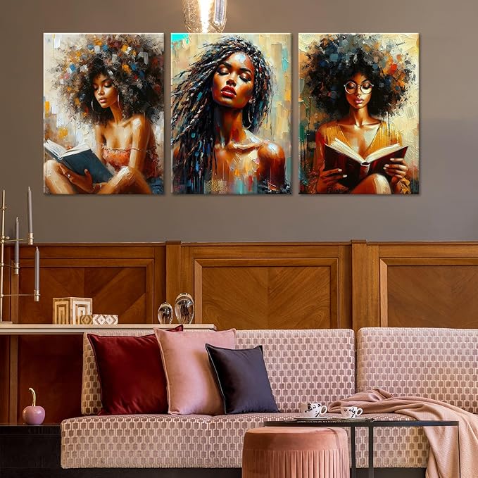 Framed Modern Abstract African American Women Wall Art Set of 3 Painting Canvas Prints,Boho Black Girl with Floral Accents, Inspirational and Trend Poster for Living Room,Bedroom, Office Decor,16X24in