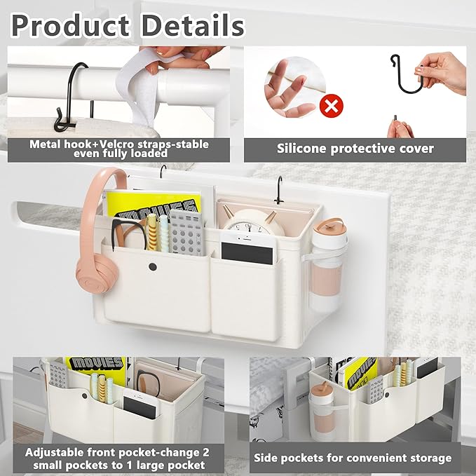 Bedside Caddy Bedside Organizer with Fixed Straps & Water Bottle Holder, Bunk Bed Caddy ideal for Home, Dorm, Hospital, Crib, Versatile Bedside Storage Solution (White)