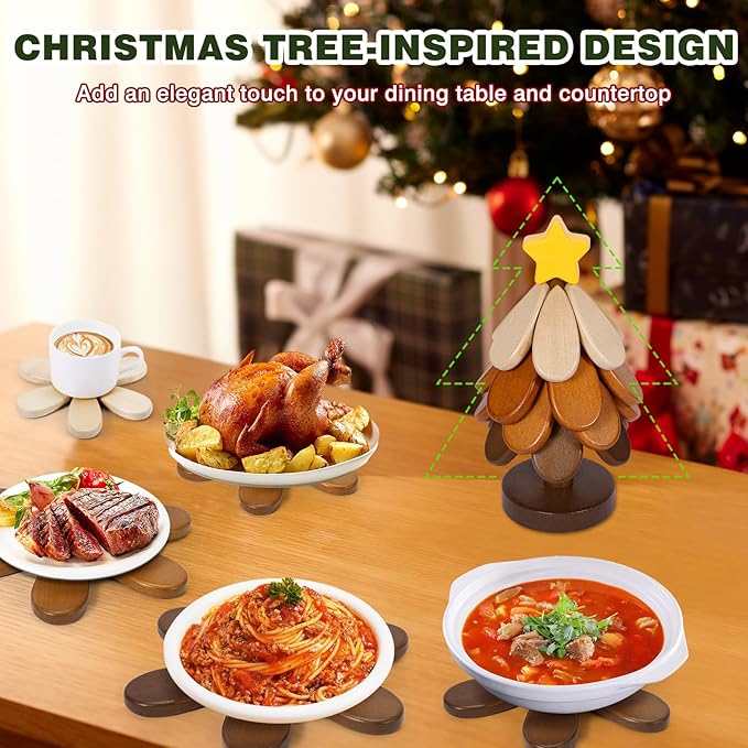 Wooden Tree Trivets for Hot Dishes, Christmas Tree Shape Trivet Set of 4 for Hot Pot Pans, Wood Coasters for Bowls Teapots Drinks Plates, Home Table Decor(Walnut Wood)