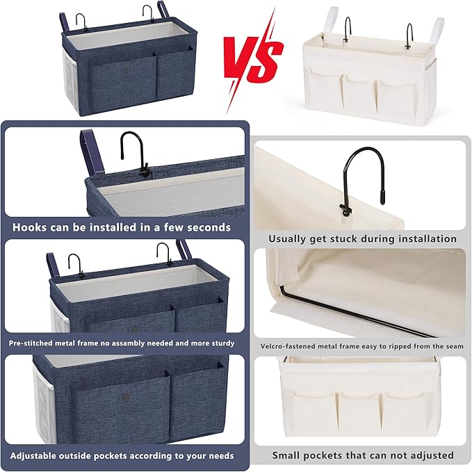 Bedside Caddy Bedside Organizer with Fixed Straps & Water Bottle Holder, Bunk Bed Caddy ideal for Home, Dorm, Hospital, Crib, Versatile Bedside Storage Solution (Navy 2pcs)