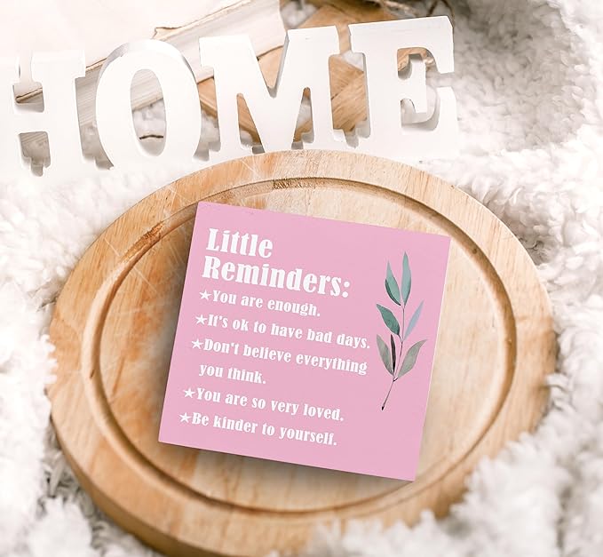 SRADMO Inspirational Little Reminders Wood Box Sign Desk Decor, Inspirational Desk Decor, College Motivational Positive Affirmation Gifts Box Sign For Office Home Dorm Tabletop Decoration(Pink)