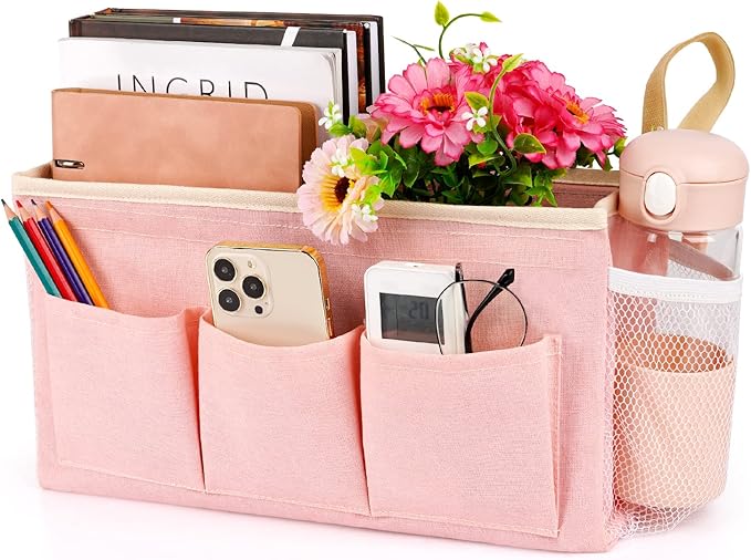 Bedside Organizer with Fixed Straps and Water Bottle Holder for Home, College, Dorm, Bunk, Hospital, Crib, Bed Rails - Pink