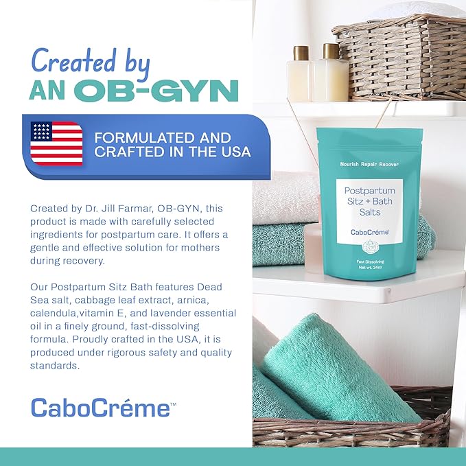 CaboCréme Postpartum Sitz + Bath Salts – 24oz – Postpartum Bath Soak for Perineal Care, Healing Tears, Swelling & Hemorrhoids – Dead Sea Salt with Magnesium, Arnica, Calendula + Cabbage Extract