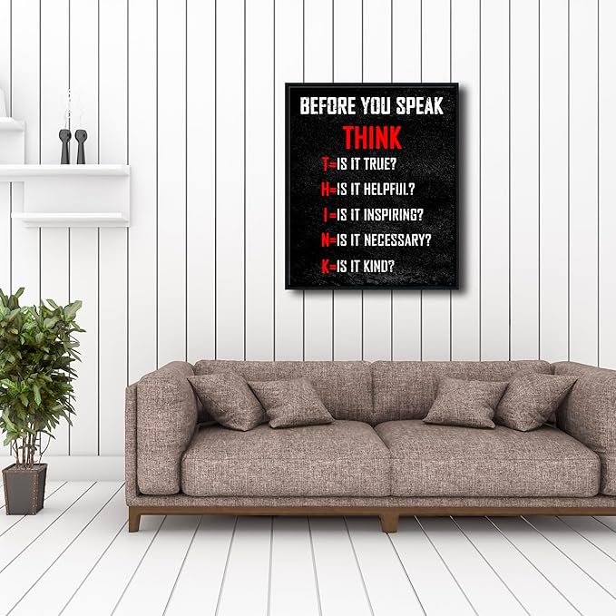 Pyradecor Large Inspirational Poster Black Framed Canvas Wall Art Motivational Think Before You Speak Classroom Positive Quotes for Office Home Decorations