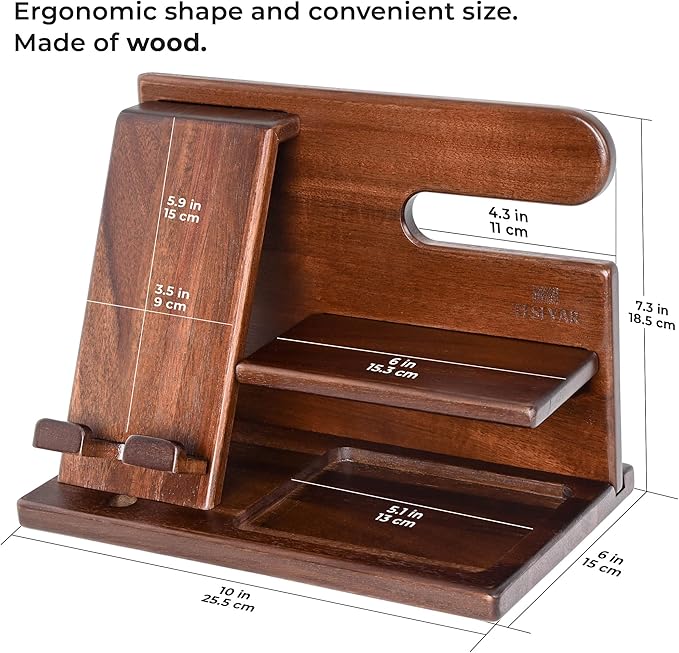 TESLYAR Wood Phone Docking Station for Men - Desktop or Nightstand Organizer - Birthday Gifts for Men, Dad - Anniversary Idea from Wife - Key Holder, Stand Wallet, Watch & Essentials (Chestnut)